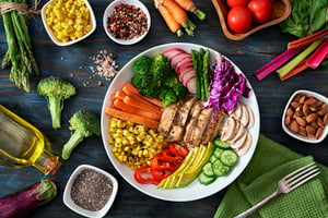 Table of colorful, nutritious foods