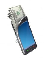 Graphic art of U.S. dollars being unzipped from mobile phone wallet.