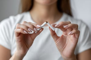 Employee breaking cigarette in half to quit smoking